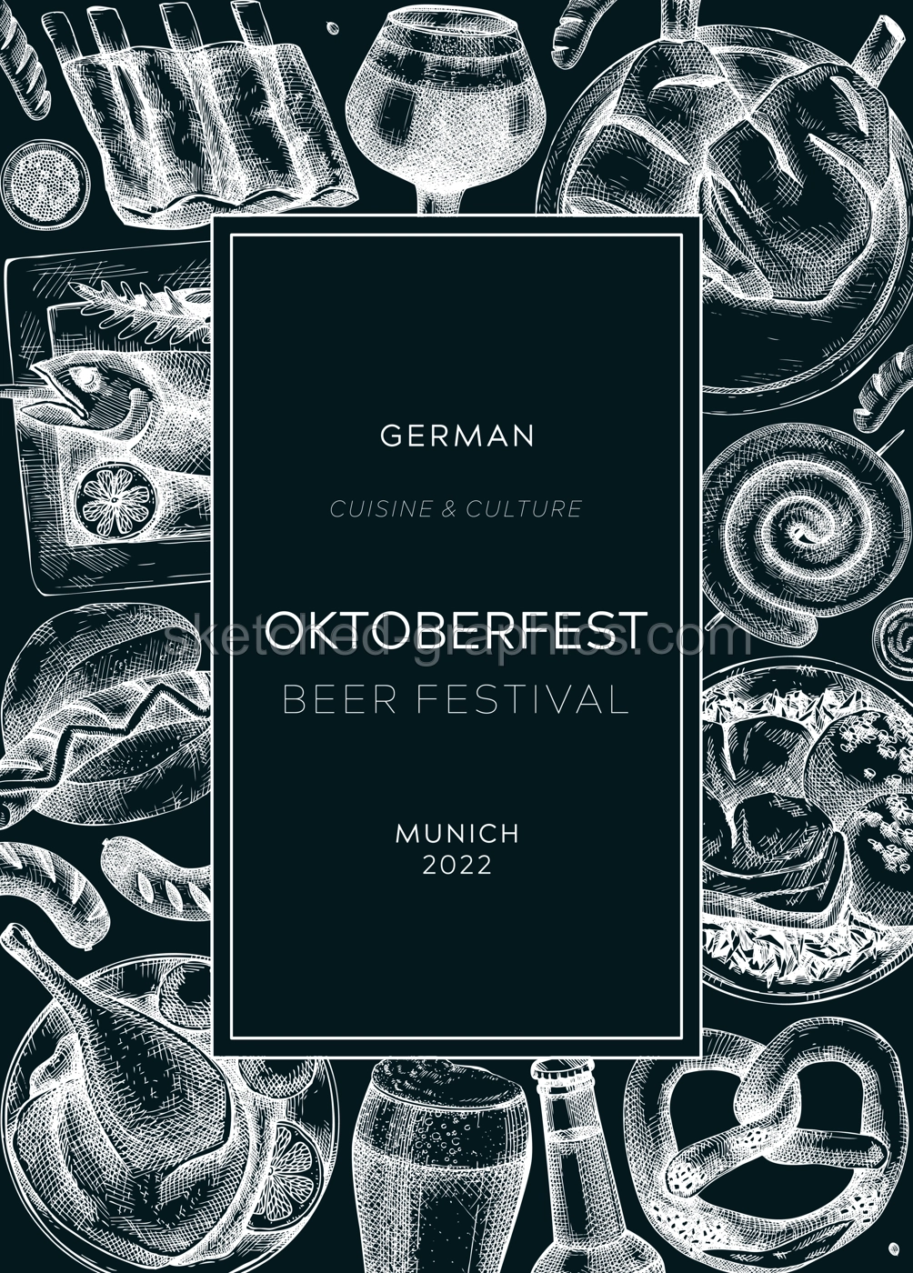 Oktoberfest background on chalkboard. German food and drinks menu design. Vector meat dishes sketches. German cuisine vintage wreath. Popular beer festival illustration in sketched style.  Illustration